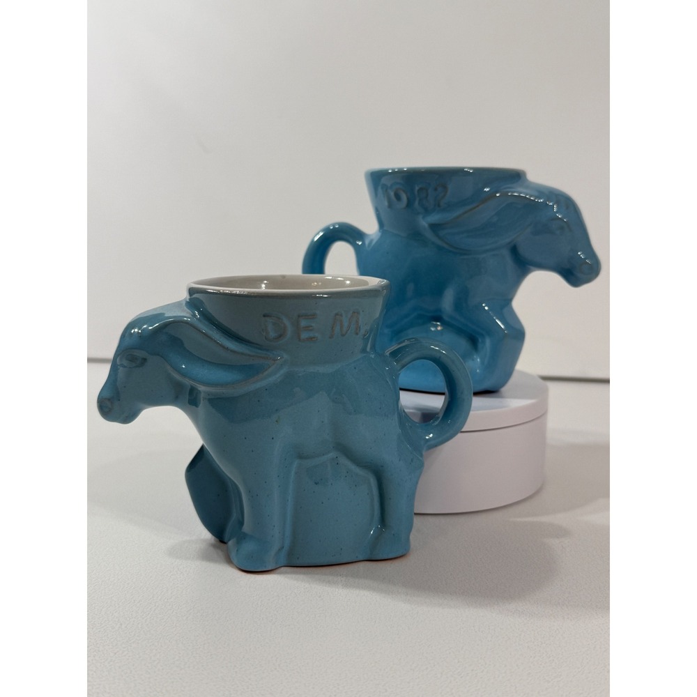 Frankoma Pottery 1982 Democratic Donkey Mugs Set of 2 Blue Glaze DG05-739